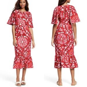 RHODE Zinnia Floral Print Bell Sleeve Midi Dress